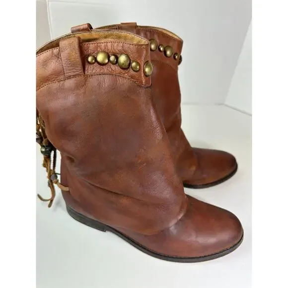 Free People Distressed Wayland Brown Leather Bead Stud Lace-Up Boho Bootie 37 6 - Picture 7 of 16